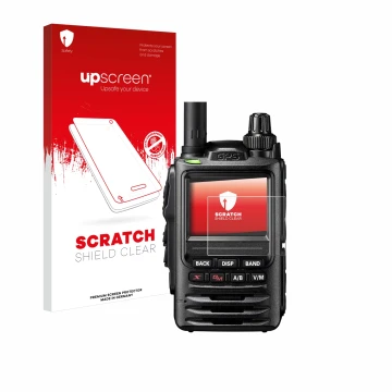 Parte frontal de un envase de producto con el logotipo de la marca upscreen. Al lado se muestra el dispositivo Yaesu FT-3D con