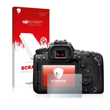 Parte frontal de un envase de producto con el logotipo de la marca upscreen. Al lado se muestra el dispositivo Canon EOS 90D c
