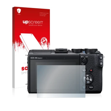 Parte frontal de un envase de producto con el logotipo de la marca upscreen. Al lado se muestra el dispositivo Canon EOS M6 Ma