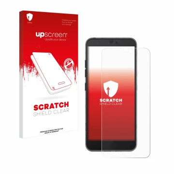 Parte frontal de un envase de producto con el logotipo de la marca upscreen. Al lado se muestra el dispositivo Fairphone 3 con