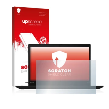 Parte frontal de un envase de producto con el logotipo de la marca upscreen. Al lado se muestra el dispositivo Lenovo ThinkPad