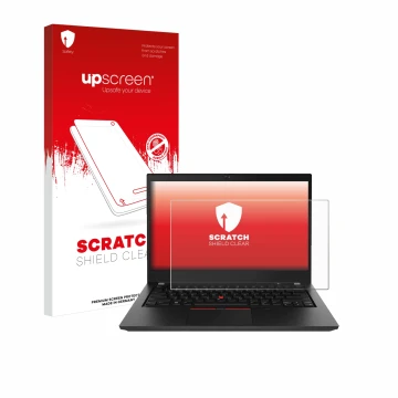 Parte frontal de un envase de producto con el logotipo de la marca upscreen. Al lado se muestra el dispositivo Lenovo ThinkPad