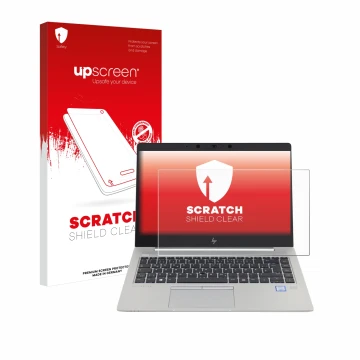 Parte frontal de un envase de producto con el logotipo de la marca upscreen. Al lado se muestra el dispositivo HP EliteBook 84