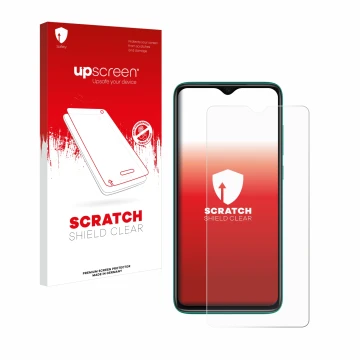 Parte frontal de un envase de producto con el logotipo de la marca upscreen. Al lado se muestra el dispositivo Xiaomi Redmi No
