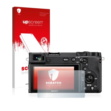 Parte frontal de un envase de producto con el logotipo de la marca upscreen. Al lado se muestra el dispositivo Sony Alpha 6600
