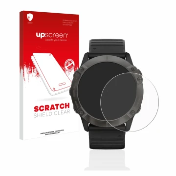 Parte frontal de un envase de producto con el logotipo de la marca upscreen. Al lado se muestra el dispositivo Garmin Fenix 6X