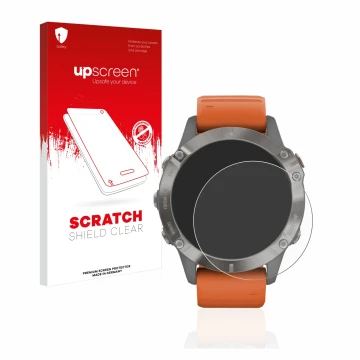 Parte frontal de un envase de producto con el logotipo de la marca upscreen. Al lado se muestra el dispositivo Garmin Fenix 6 
