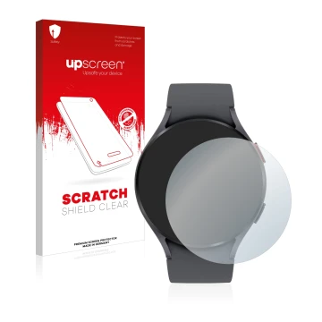 Parte frontal de un envase de producto con el logotipo de la marca upscreen. Al lado se muestra el dispositivo Garmin Fenix 6S