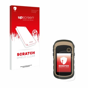 Parte frontal de un envase de producto con el logotipo de la marca upscreen. Al lado se muestra el dispositivo Garmin eTrex 32