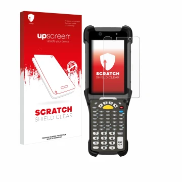 Parte frontal de un envase de producto con el logotipo de la marca upscreen. Al lado se muestra el dispositivo Zebra MC9300 co