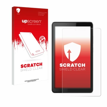Parte frontal de un envase de producto con el logotipo de la marca upscreen. Al lado se muestra el dispositivo Lenovo Tab M7 c