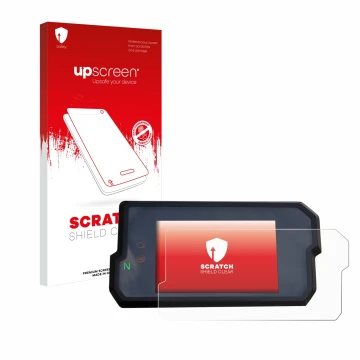 Parte frontal de un envase de producto con el logotipo de la marca upscreen. Al lado se muestra el dispositivo KTM 125 / 390 D