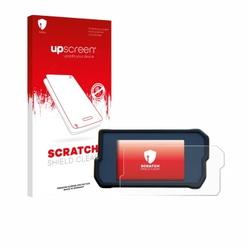 Parte frontal de un envase de producto con el logotipo de la marca upscreen. Al lado se muestra el dispositivo KTM 790 Adventu