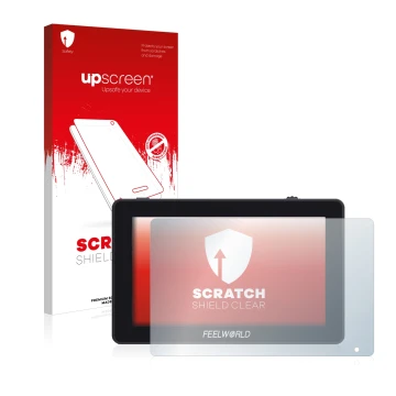 Parte frontal de un envase de producto con el logotipo de la marca upscreen. Al lado se muestra el dispositivo Feelworld F6 Pl