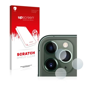 Parte frontal de un envase de producto con el logotipo de la marca upscreen. Al lado se muestra el dispositivo Apple iPhone 11