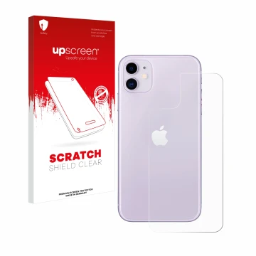 Parte frontal de un envase de producto con el logotipo de la marca upscreen. Al lado se muestra el dispositivo Apple iPhone 11