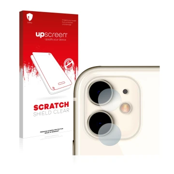 Parte frontal de un envase de producto con el logotipo de la marca upscreen. Al lado se muestra el dispositivo Apple iPhone 11