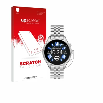 Parte frontal de un envase de producto con el logotipo de la marca upscreen. Al lado se muestra el dispositivo Michael Kors Ac
