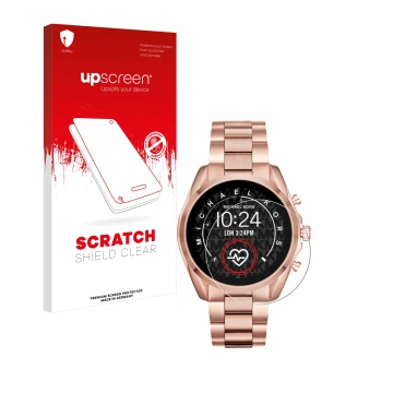 Parte frontal de un envase de producto con el logotipo de la marca upscreen. Al lado se muestra el dispositivo Michael Kors Ac