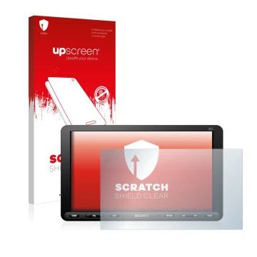 Parte frontal de un envase de producto con el logotipo de la marca upscreen. Al lado se muestra el dispositivo Sony XAV-AX8050