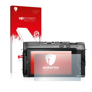 Parte frontal de un envase de producto con el logotipo de la marca upscreen. Al lado se muestra el dispositivo Fujifilm X-A7 c