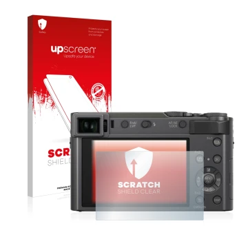 Parte frontal de un envase de producto con el logotipo de la marca upscreen. Al lado se muestra el dispositivo Panasonic Lumix