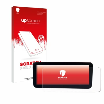 Parte frontal de un envase de producto con el logotipo de la marca upscreen. Al lado se muestra el dispositivo Mercedes-Benz A