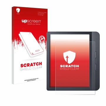 Parte frontal de un envase de producto con el logotipo de la marca upscreen. Al lado se muestra el dispositivo Kobo Libra H2O 