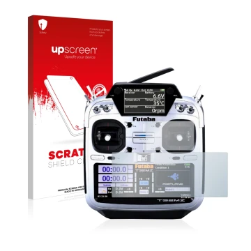 Parte frontal de un envase de producto con el logotipo de la marca upscreen. Al lado se muestra el dispositivo Robbe Futaba T3