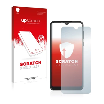 Parte frontal de un envase de producto con el logotipo de la marca upscreen. Al lado se muestra el dispositivo Motorola Moto O