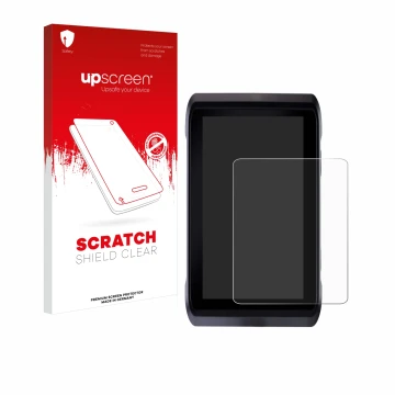 Parte frontal de un envase de producto con el logotipo de la marca upscreen. Al lado se muestra el dispositivo Atomos Shogun 7