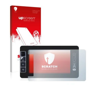 Parte frontal de un envase de producto con el logotipo de la marca upscreen. Al lado se muestra el dispositivo SmallHD 503 Ult