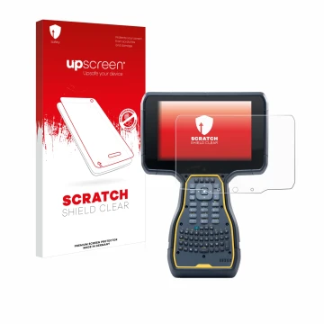Parte frontal de un envase de producto con el logotipo de la marca upscreen. Al lado se muestra el dispositivo Trimble TSC7 Co
