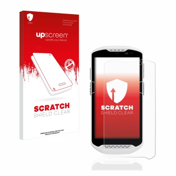 Parte frontal de un envase de producto con el logotipo de la marca upscreen. Al lado se muestra el dispositivo Zebra TC57 con 