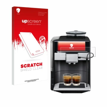 Parte frontal de un envase de producto con el logotipo de la marca upscreen. Al lado se muestra el dispositivo Siemens EQ.6 pl