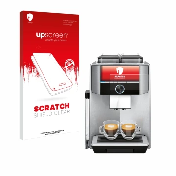Parte frontal de un envase de producto con el logotipo de la marca upscreen. Al lado se muestra el dispositivo Siemens EQ.9 pl