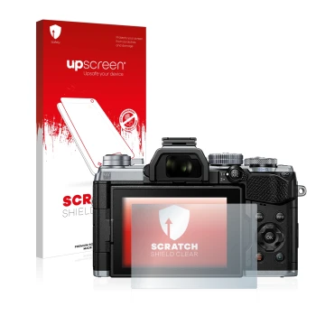 Parte frontal de un envase de producto con el logotipo de la marca upscreen. Al lado se muestra el dispositivo Olympus OM-D E-