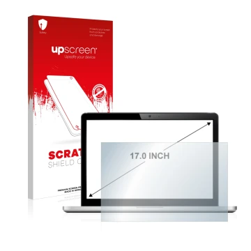 Parte frontal de un envase de producto con el logotipo de la marca upscreen. Al lado se muestra el dispositivo con su protecto