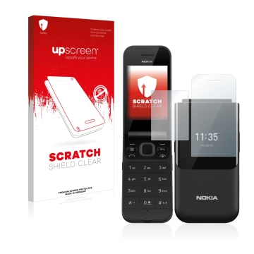 Parte frontal de un envase de producto con el logotipo de la marca upscreen. Al lado se muestra el dispositivo Nokia 2720 Flip