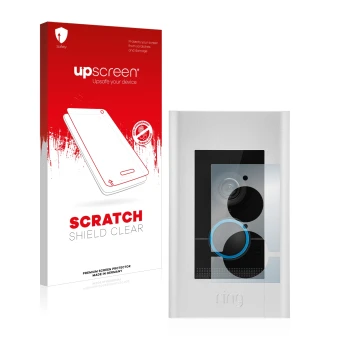 Parte frontal de un envase de producto con el logotipo de la marca upscreen. Al lado se muestra el dispositivo Ring Video Door