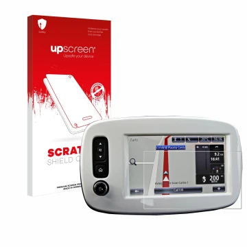 Parte frontal de un envase de producto con el logotipo de la marca upscreen. Al lado se muestra el dispositivo TomTom Smart 45