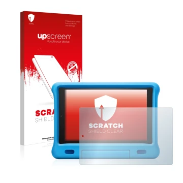 Parte frontal de un envase de producto con el logotipo de la marca upscreen. Al lado se muestra el dispositivo Amazon Fire HD 