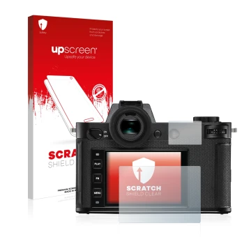 Parte frontal de un envase de producto con el logotipo de la marca upscreen. Al lado se muestra el dispositivo Leica SL2 con s
