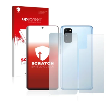 Parte frontal de un envase de producto con el logotipo de la marca upscreen. Al lado se muestra el dispositivo Samsung Galaxy 