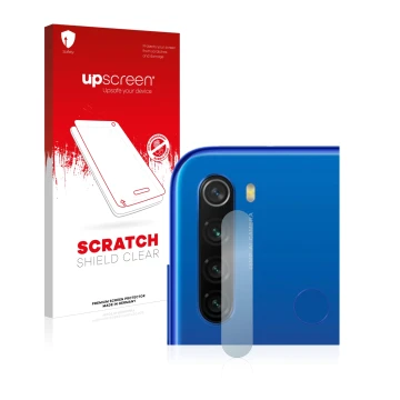 Parte frontal de un envase de producto con el logotipo de la marca upscreen. Al lado se muestra el dispositivo Xiaomi Redmi No