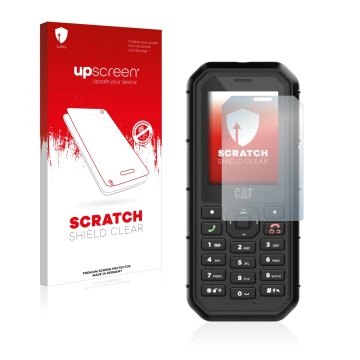 Parte frontal de un envase de producto con el logotipo de la marca upscreen. Al lado se muestra el dispositivo Caterpillar Cat