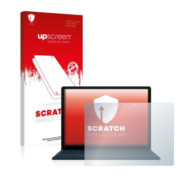 Parte frontal de un envase de producto con el logotipo de la marca upscreen. Al lado se muestra el dispositivo Microsoft Surfa