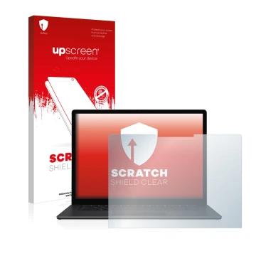 Parte frontal de un envase de producto con el logotipo de la marca upscreen. Al lado se muestra el dispositivo Microsoft Surfa