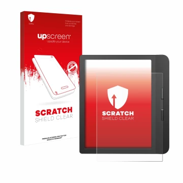 Parte frontal de un envase de producto con el logotipo de la marca upscreen. Al lado se muestra el dispositivo Tolino Vision 5