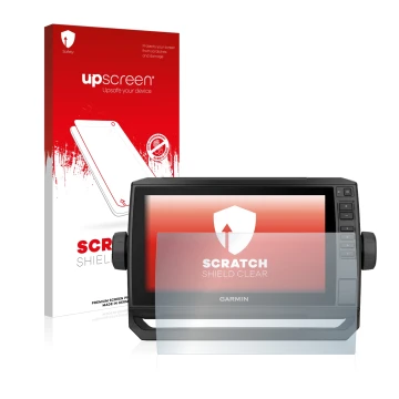 Parte frontal de un envase de producto con el logotipo de la marca upscreen. Al lado se muestra el dispositivo Garmin ECHOMAP 